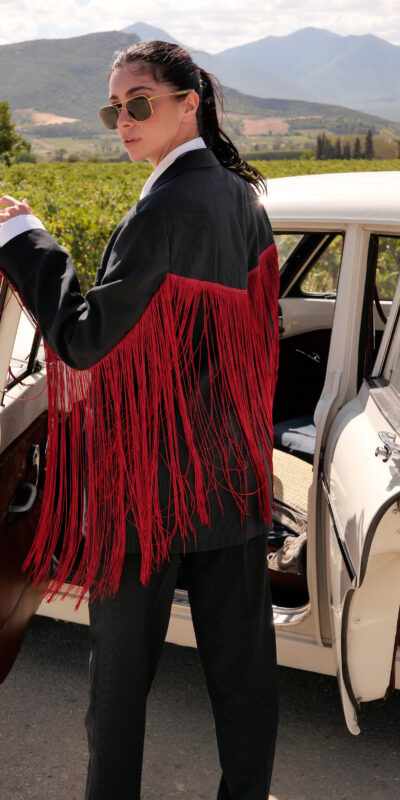 Blue-Black Blazer - Burgundy Fringes