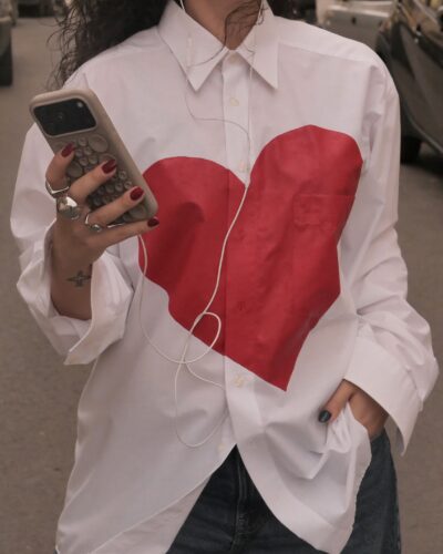 Oversized white shirt with hand-painted red heart by AFTERPARTY