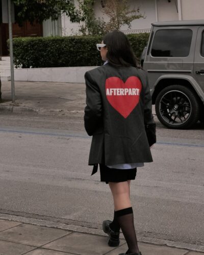 Back view of charcoal hand-painted Heart Blazer with red AFTERPARTY heart artwork