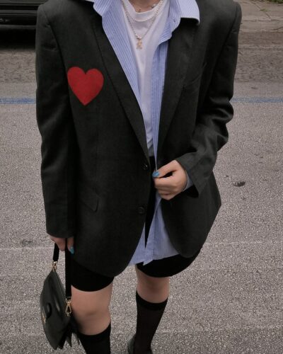 Front view of charcoal Heart Blazer with hand-painted red heart detail
