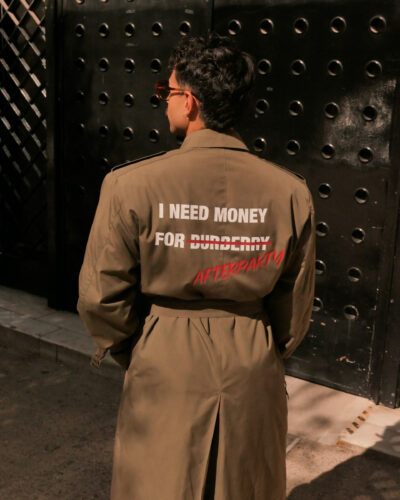 Khaki unisex Power Trench Coat with statement back print by Afterparty
