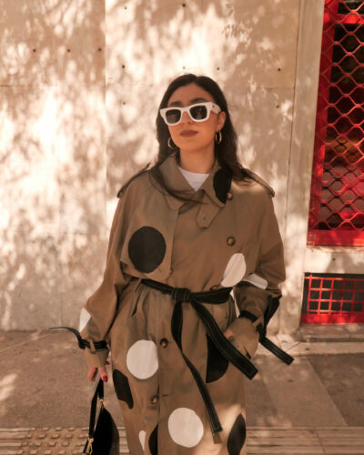 Beige unisex Polka Trench Coat with hand-painted polka dots by Afterparty