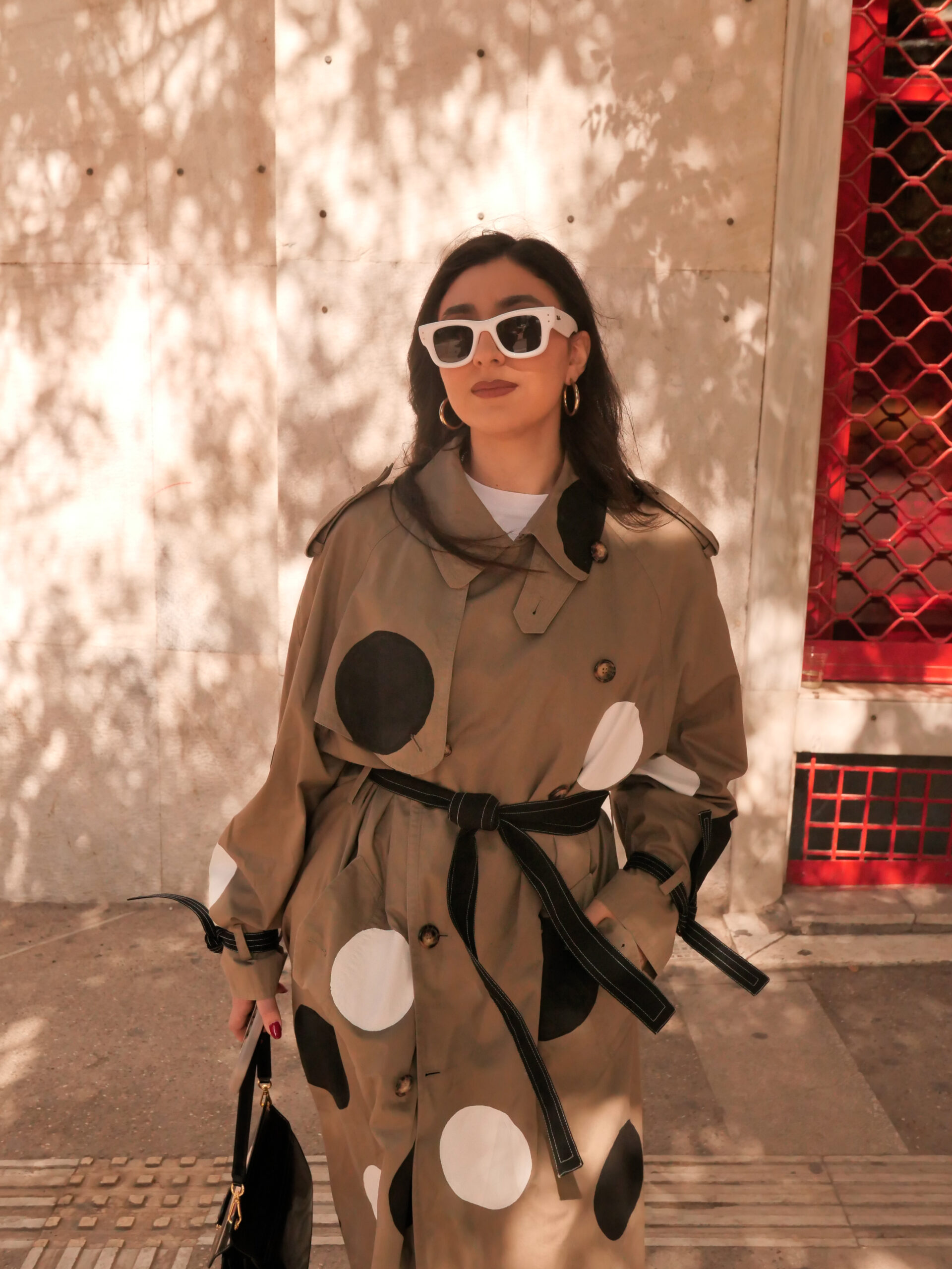 Beige unisex Polka Trench Coat with hand-painted polka dots by Afterparty