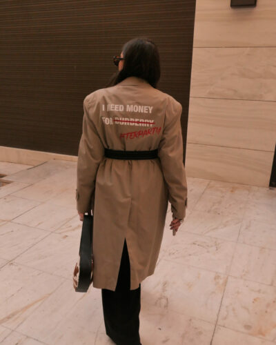 Beige trench coat with I Need Money for Afterparty back print